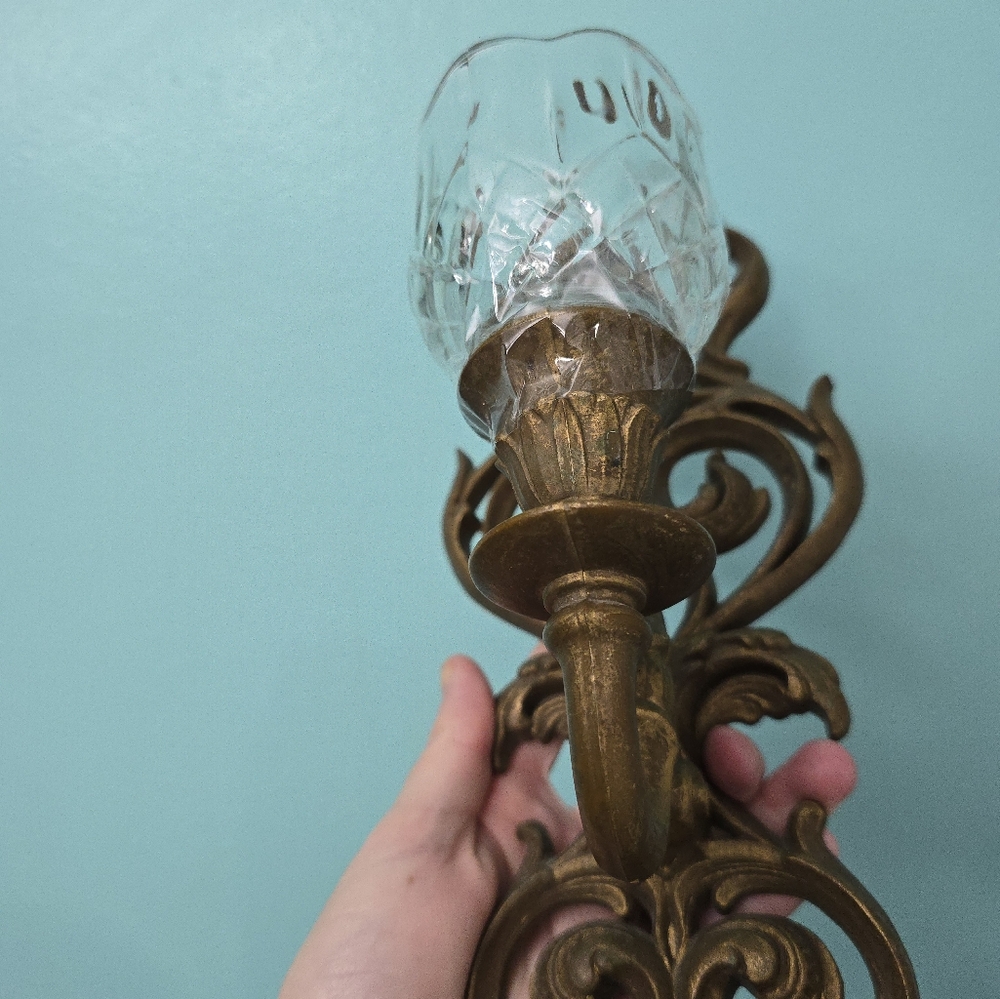 Vtg Burwood Wall Sconces 2 Ornate Gold/bronze Scroll Candle Holders w/votives - Picture 5 of 12